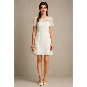 Romantic Lace Dress Women L White Scallop Hem Wedding Guest Cottagecore‎ Boho